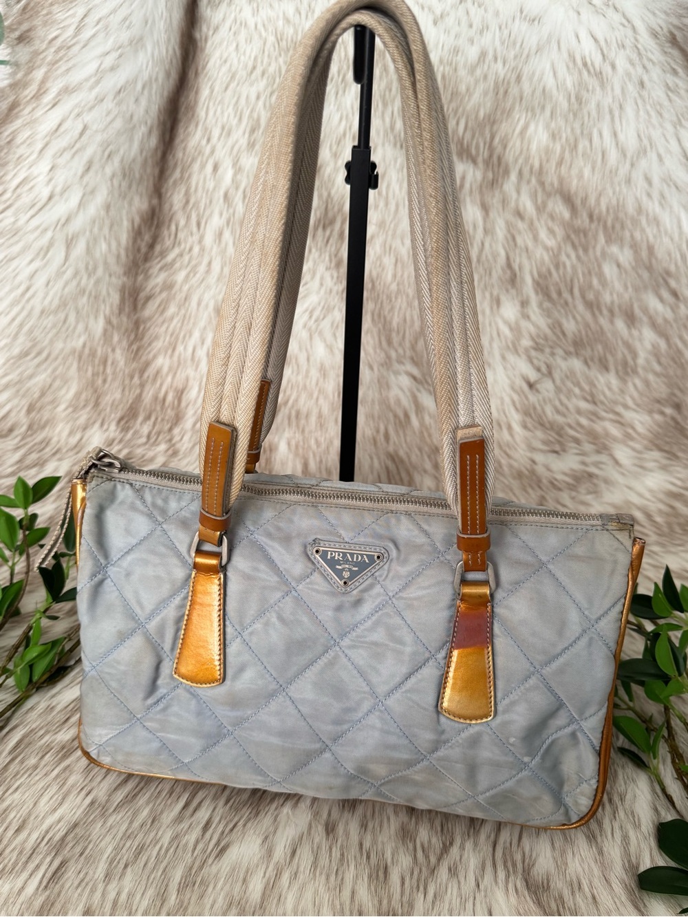 Prada Quilted Nylon Shoulder Bag in Pale Blue with Gold Leather Trim